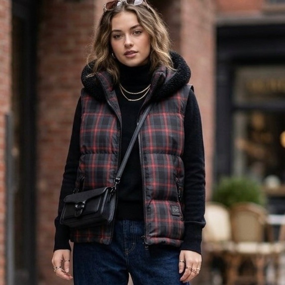 Coach New York Plaid Puffer Vest with Detachable Sherpa Hood Navy Red L